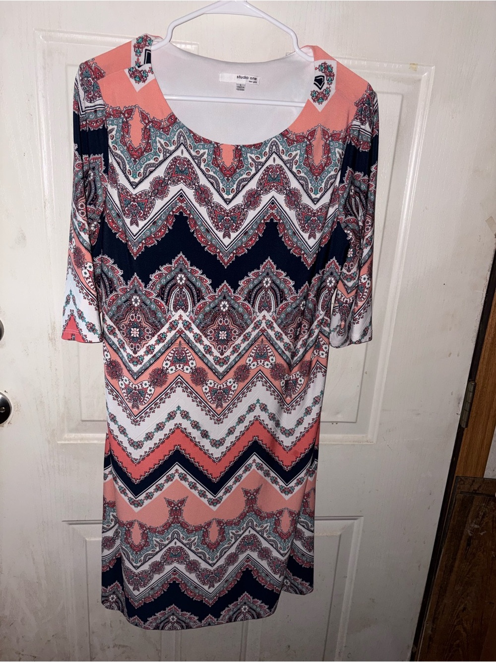 Studio One Coral, Navy & White Chevron Paisley Scoop Neck Dress
